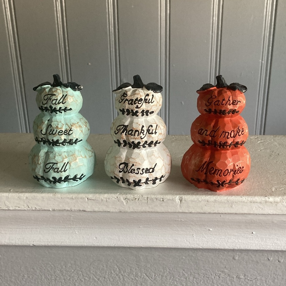NWT- Triple Stacked Ceramic Pumpkins -with Carved & Painted Sentiments